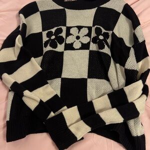No Boundaries Black and Cream Floral Checkered Sweater